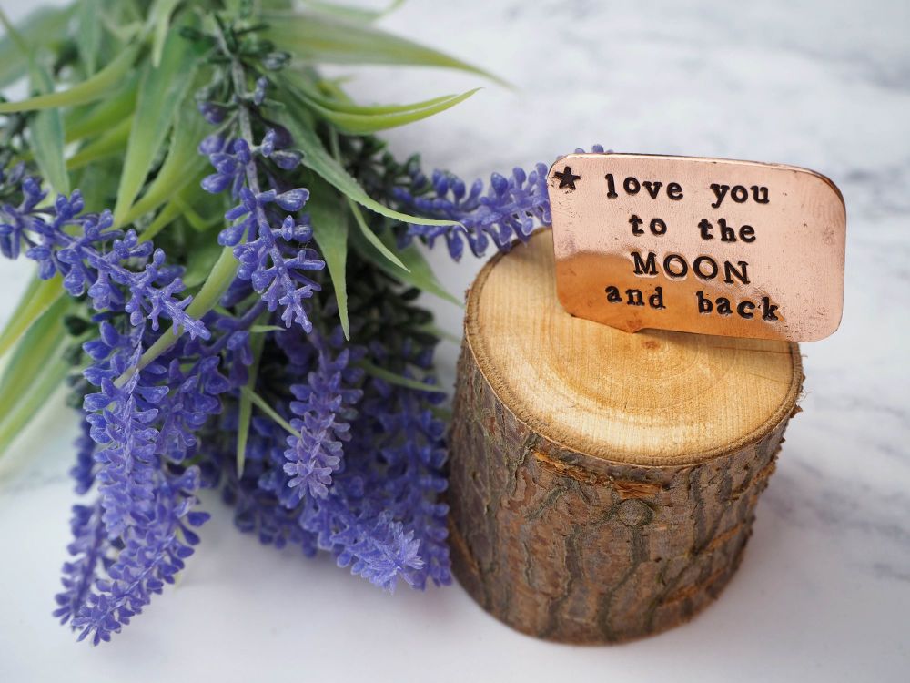 Wooden Log & Copper Quote Display - Love you to the Moon