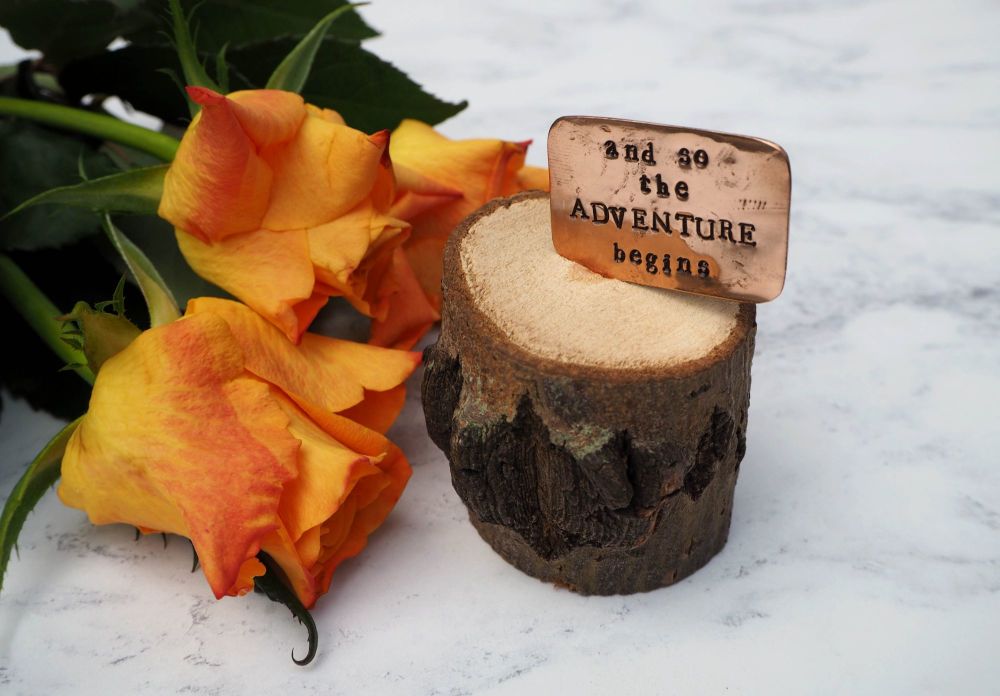 Wooden Log & Copper Quote Display - Adventure