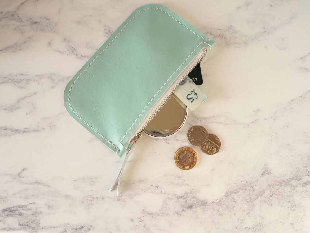 Genuine Hand Stitched Leather Zip Purse - Mint Green