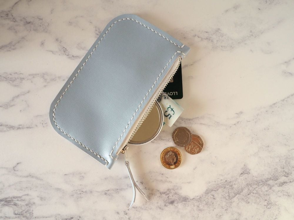 Genuine Hand Stitched Leather Zip Purse - Pastel Blue