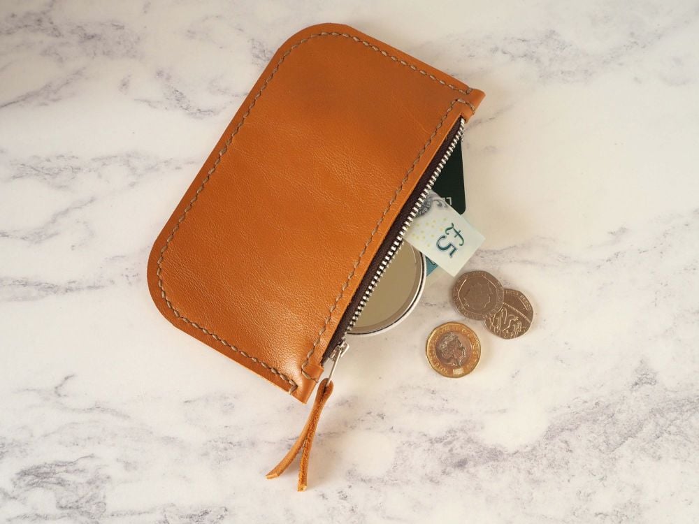 Genuine Hand Stitched Leather Zip Purse - Orange