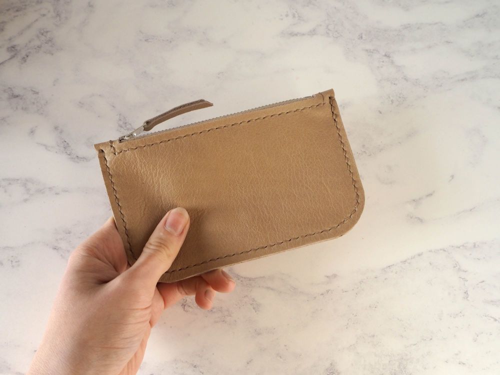 Genuine Hand Stitched Leather Zip Purse - Camel Brown