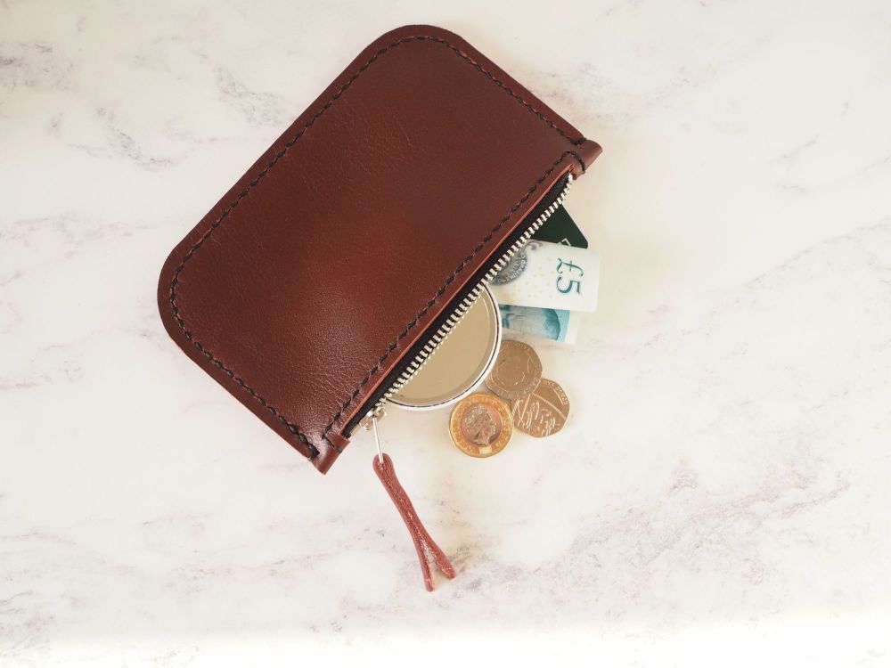 Genuine Hand Stitched Leather Zip Purse - Oxblood Red