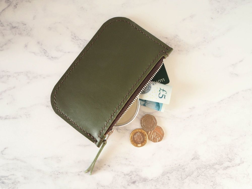 Genuine Hand Stitched Leather Zip Purse - Khaki Green
