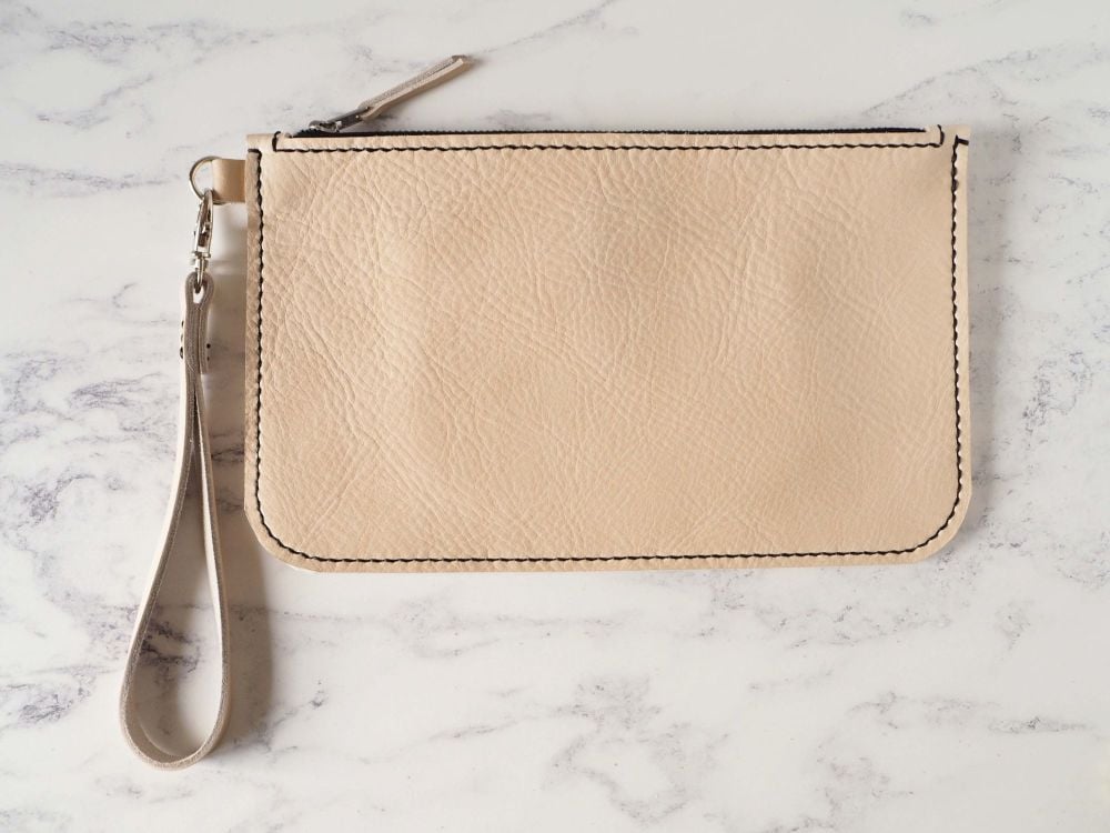 Genuine Hand Stitched Leather Wristlet Clutch Bag - Thick Natural Cream 