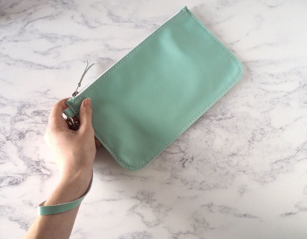 Genuine Hand Stitched Leather Wristlet Clutch Bag - Mint Green