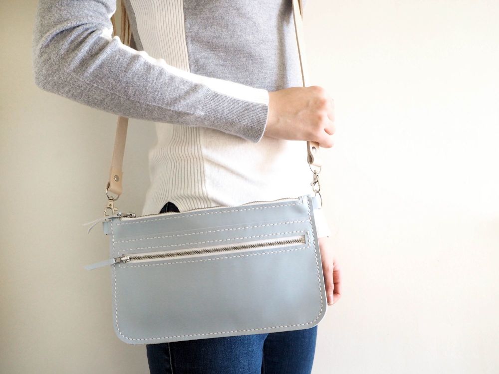 Genuine Hand Stitched Leather Zipped Waist & Shoulder Bag - Pastel Blue