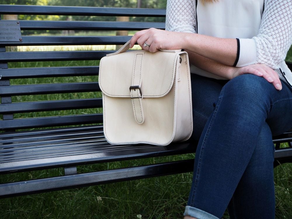 Genuine Hand Stitched Leather Messenger Bag - Thick Cream