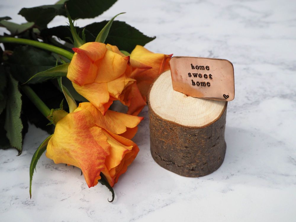 Wooden Log & Copper Quote Display - Home Sweet Home
