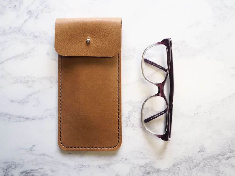 Genuine Leather Glasses Sleeve - Tan Brown - Rectangular Style