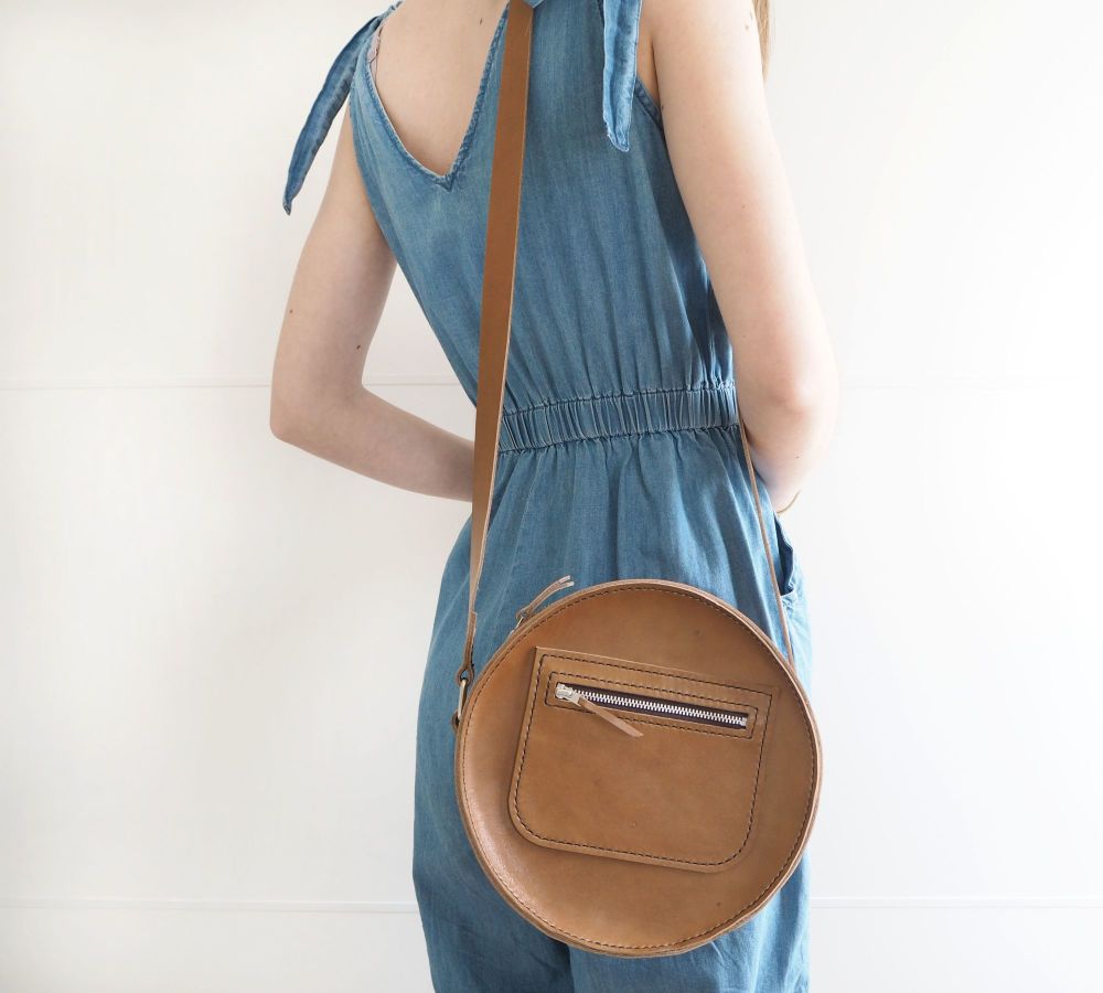 Genuine Hand Stitched Leather Circular Bag - Thick Tan Brown