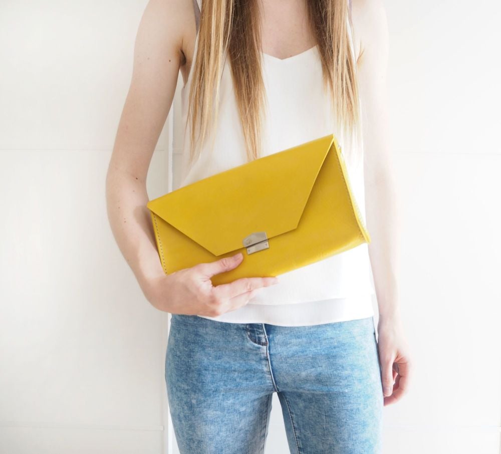 Genuine Hand Stitched Leather 'Chloe' Clutch Bag - Hand Dyed Yellow