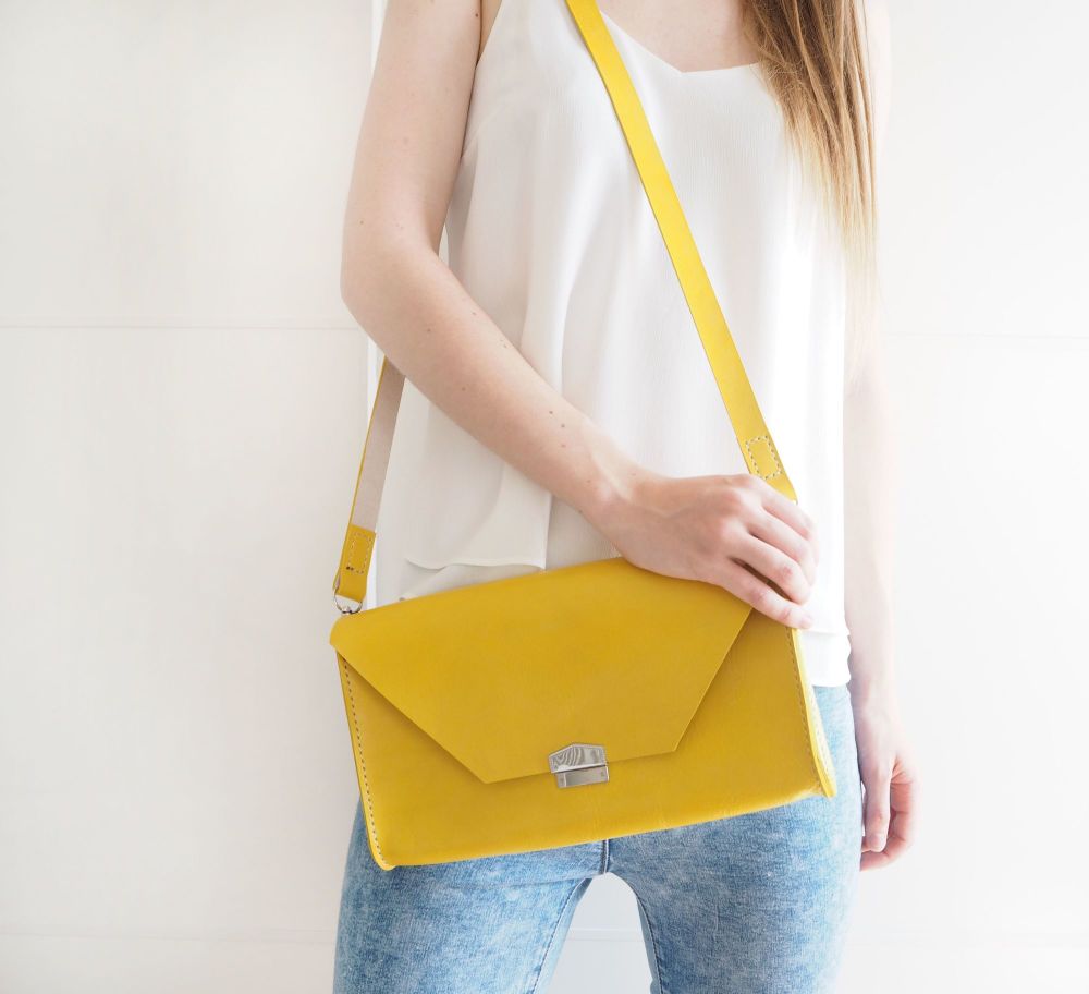 Genuine Hand Stitched Leather 'Chloe' Clutch Bag - Hand Dyed Sunshine Yellow