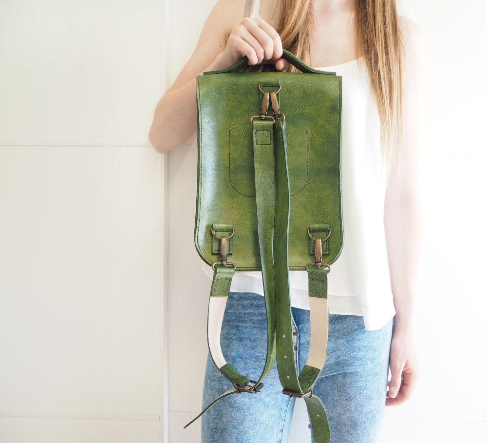 Genuine Hand Stitched Leather Backpack - Hand Dyed Forest Green