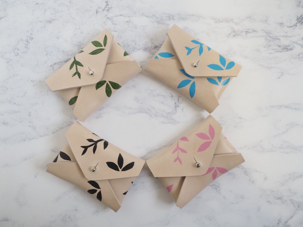 Hand Painted Leather Coin Purse - Botanical Leaf Pattern - Card Holder Pouch