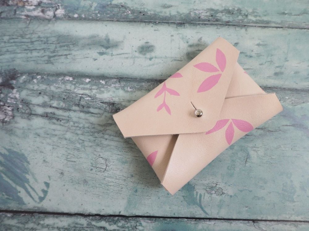 Hand Painted Leather Coin Purse, Pink Botanical Leaf Pattern, Card Holder P