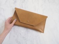 Genuine Hand Stitched Leather Clutch Bag - Thick Tan Brown