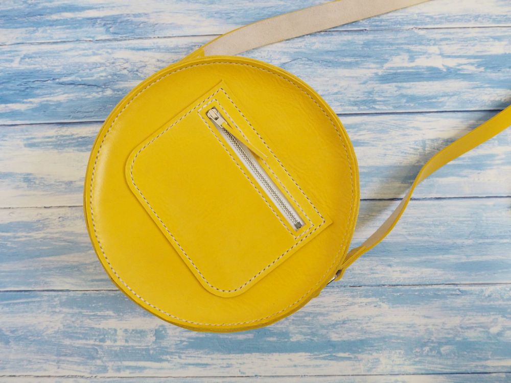 Genuine Hand Stitched Leather Circular Bag - Hand Dyed Yellow