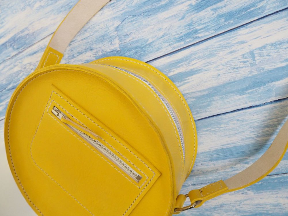 Genuine Hand Stitched Leather Circular Bag - Hand Dyed Sunshine Yellow