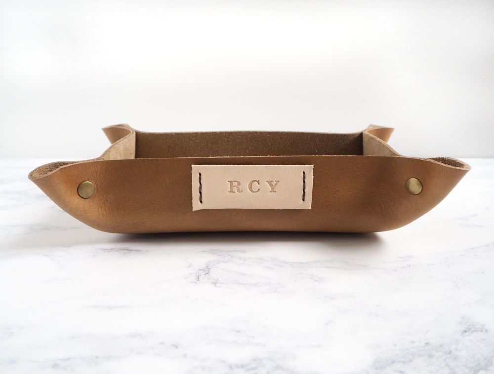 Genuine Handmade Tan Brown Leather Coin / Valet Tray - Small Rectangle with Cream Tag - Personalised Gift