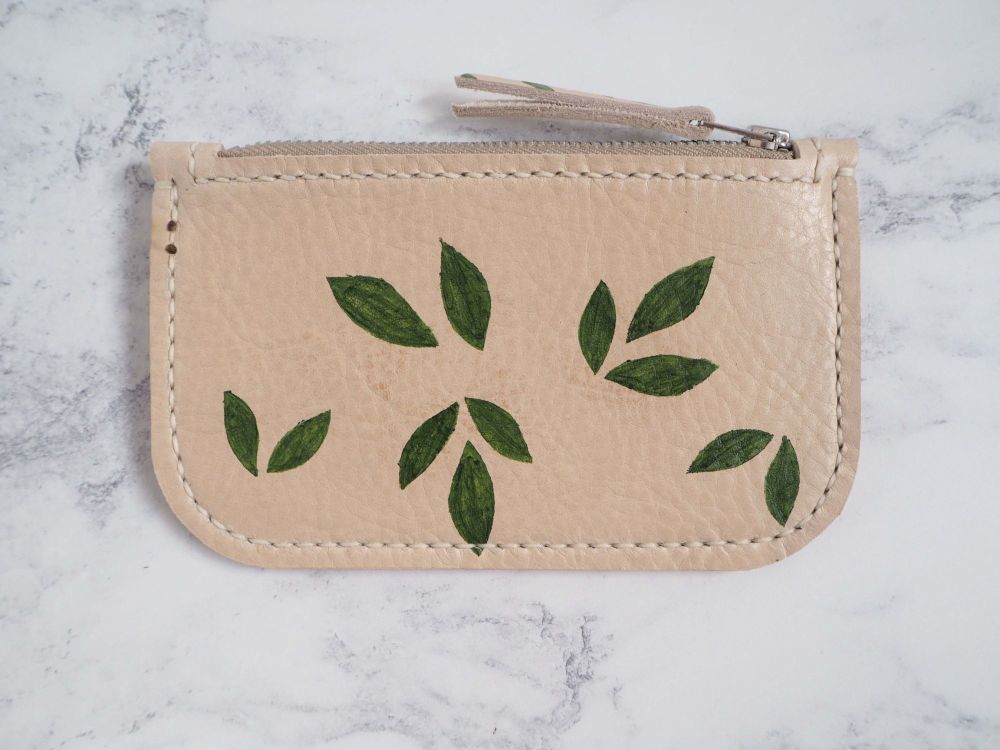 Genuine Hand Stitched Leather Zip Purse - Botanical Design