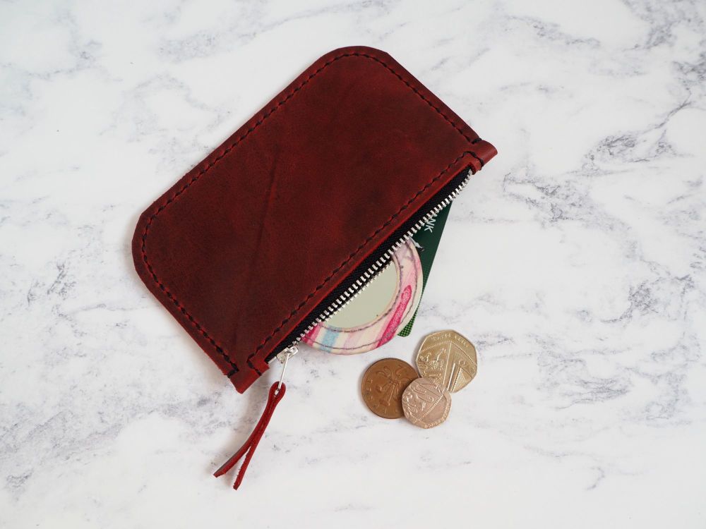 Genuine Hand Stitched Leather Zip Purse - Waxy Red