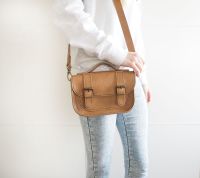 Genuine Hand Stitched Mini Leather Satchel - Thick Tan Brown
