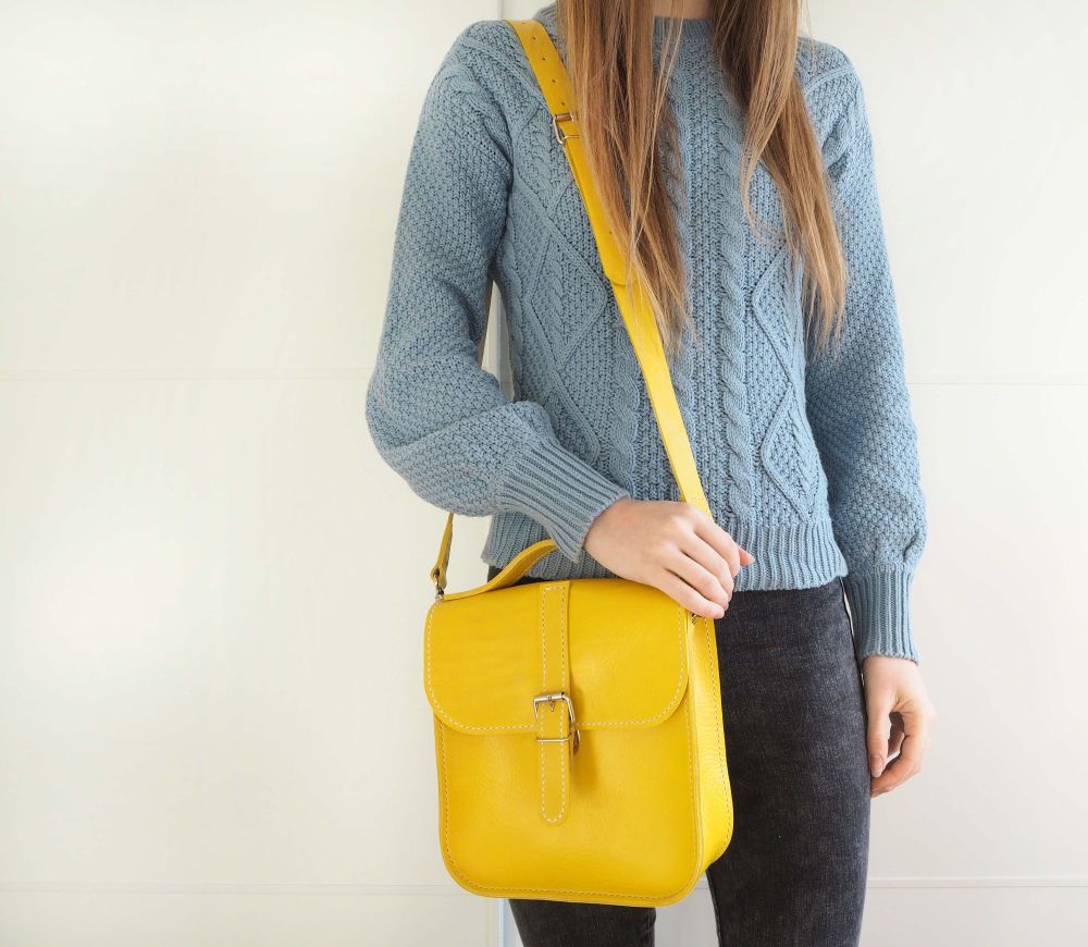 Genuine Hand Stitched Leather Messenger Bag - Hand Dyed Yellow
