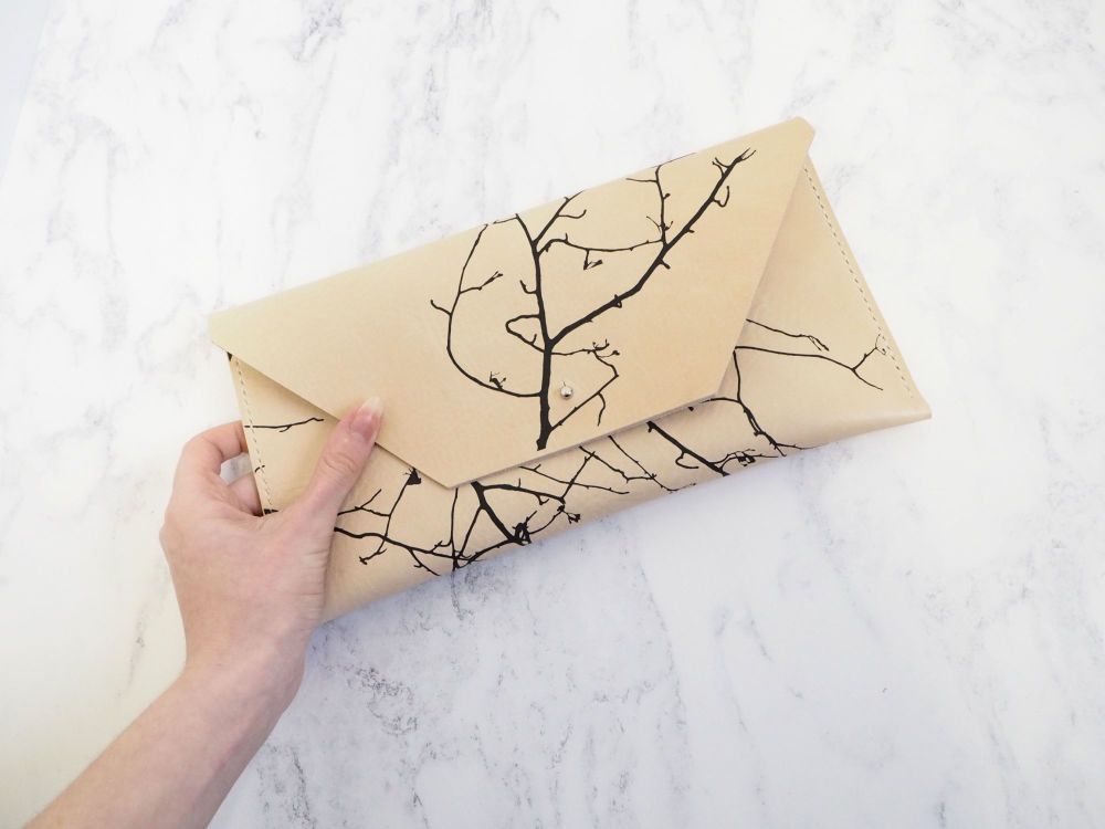 Genuine Hand Stitched Leather Clutch Bag - Cream Twig Silhouette