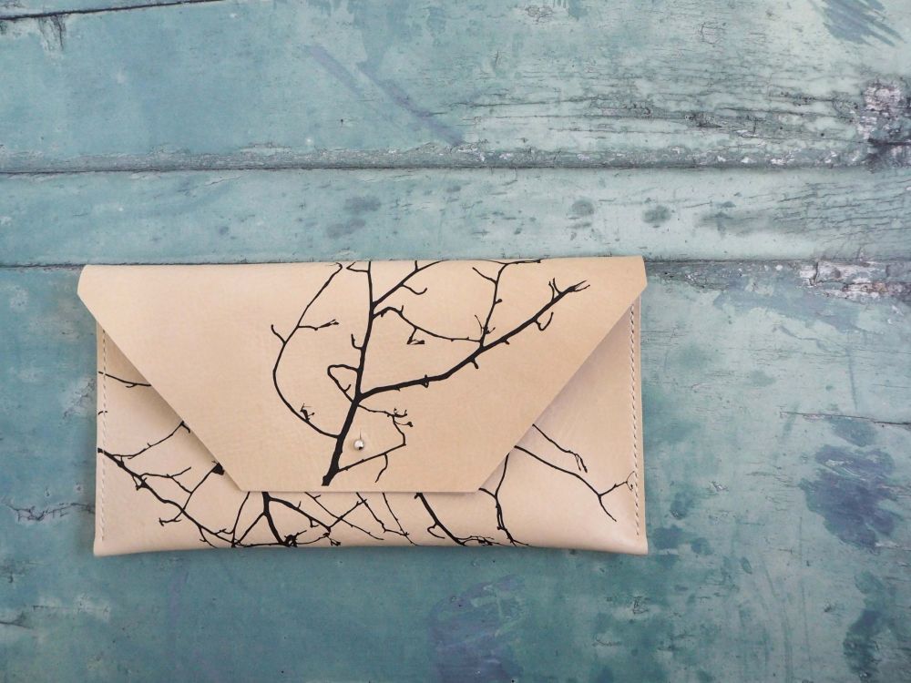 Genuine Hand Stitched Leather Clutch Bag - Cream Twig Silhouette