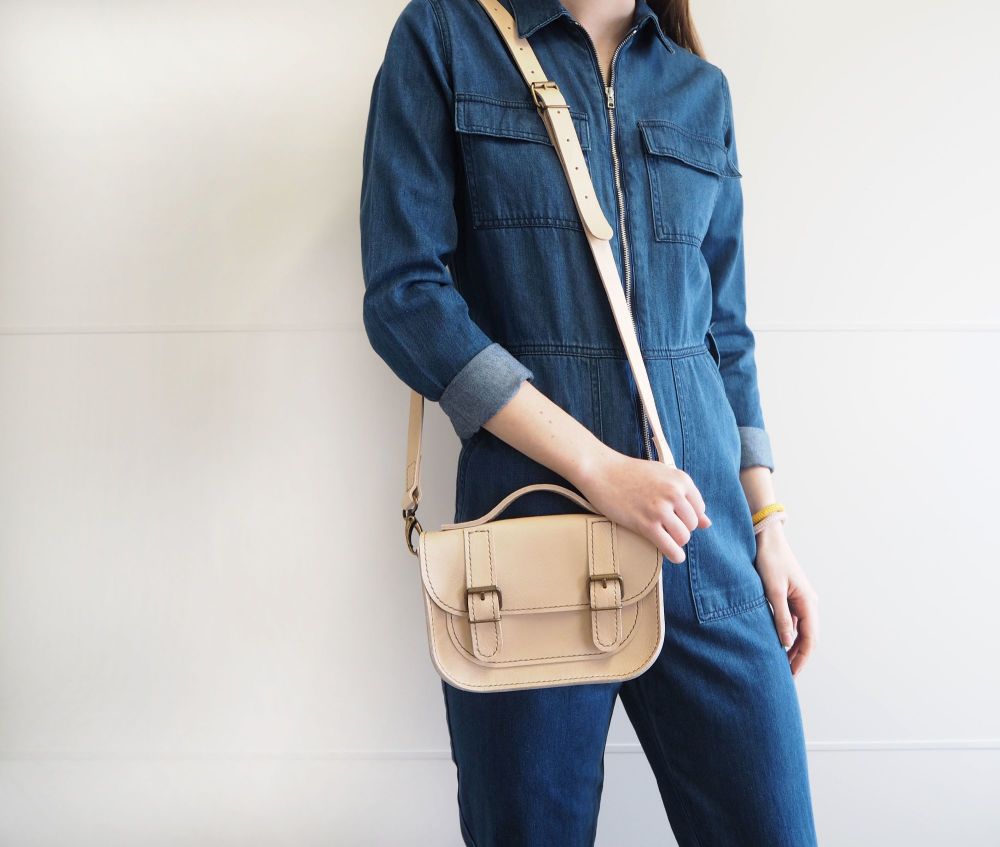 Genuine Hand Stitched Mini Leather Satchel - Thick Natural Cream