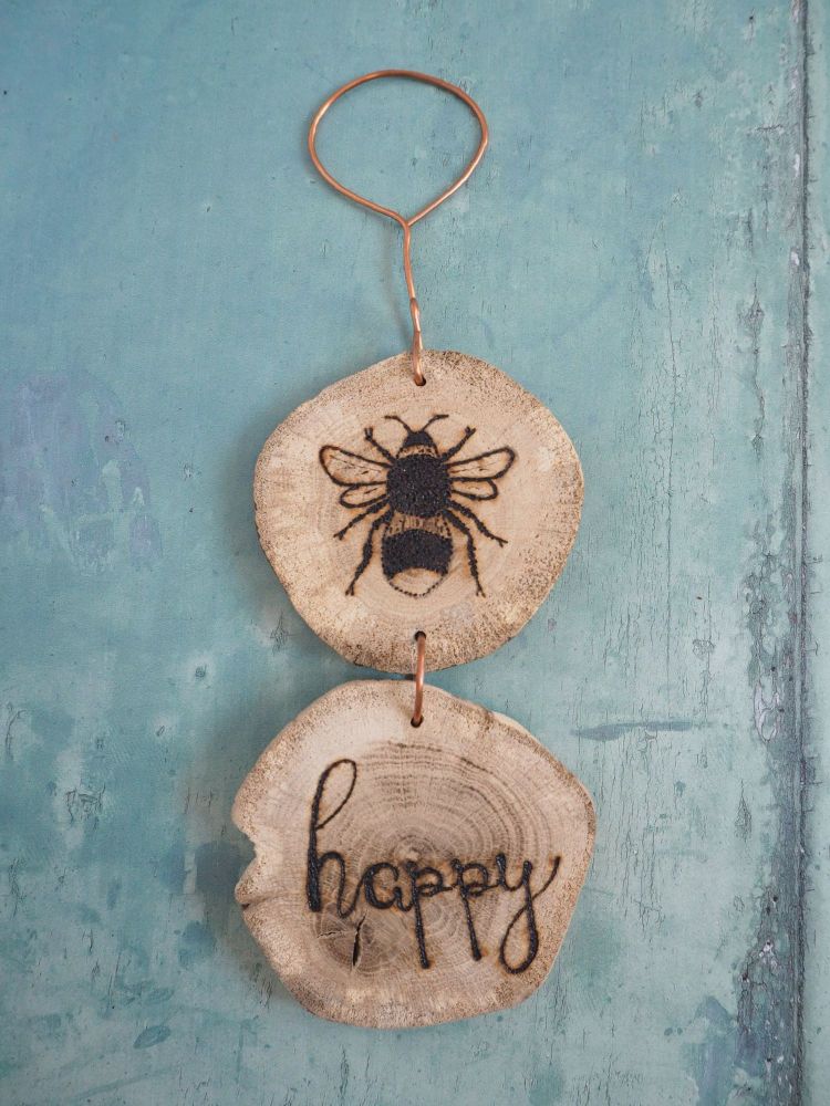 Hanging Wood Slice & Copper Bee Happy Wall Decoration