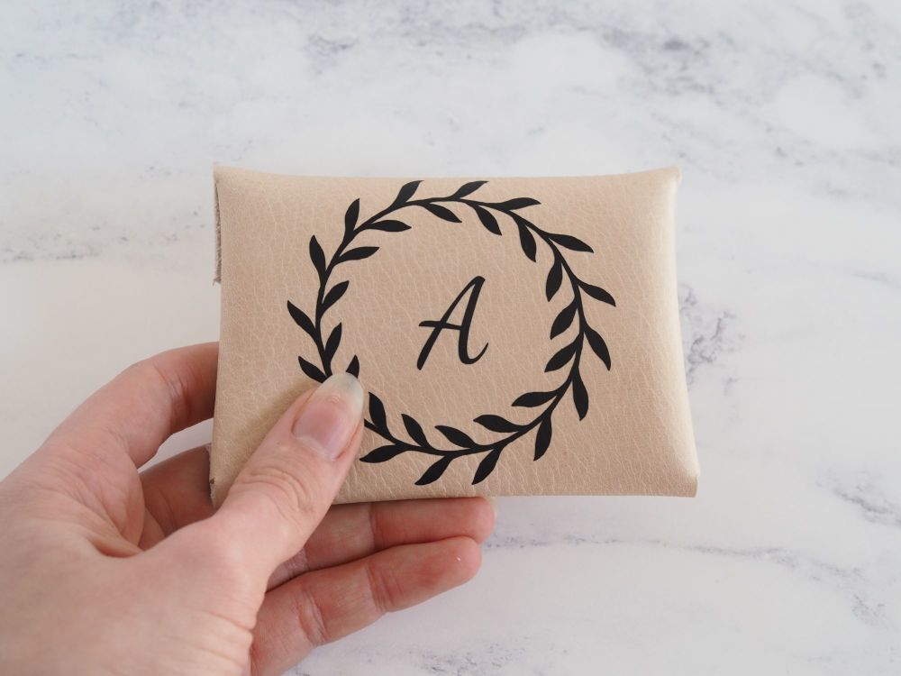 Small Leather Coin Purse, Personalised Initial Decal, Card Holder Pouch