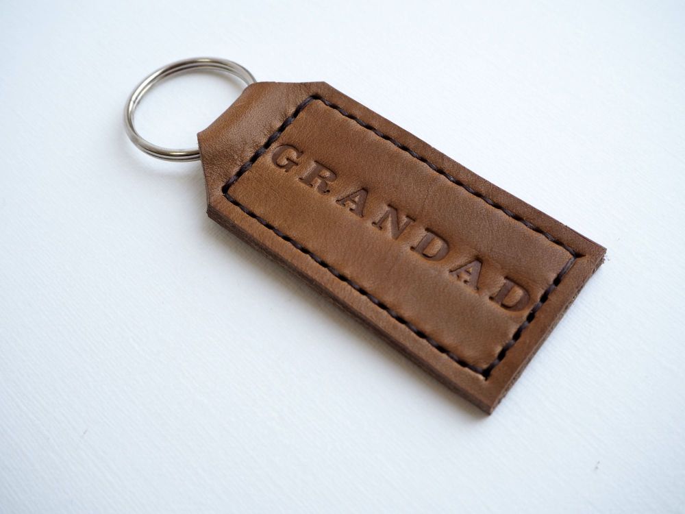 Handmade Leather Personalised Key Ring Gift for Grandad - Thick Tan & Cream