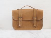 Genuine Hand Stitched Leather Satchel - Thick Tan Brown
