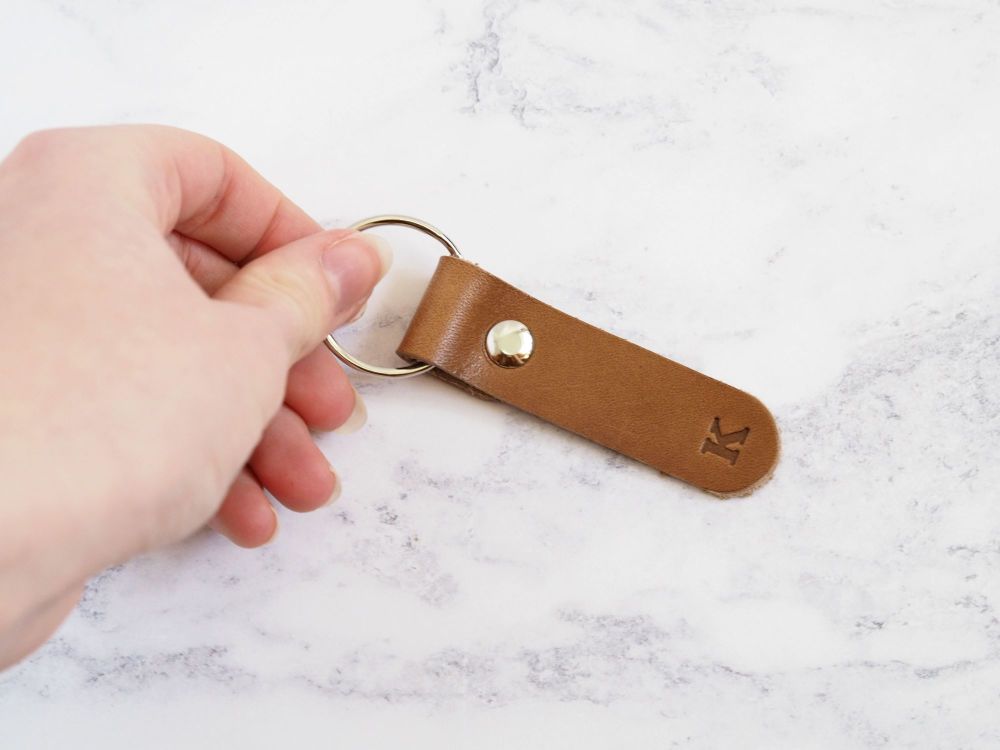 Handmade Leather Personalised Mini Key Ring - Tan & Cream
