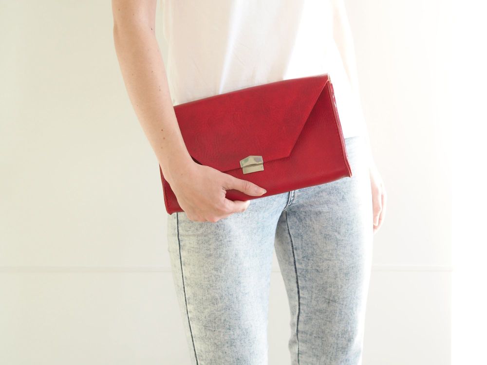 Genuine Hand Stitched Leather 'Chloe' Clutch Bag - Hand Dyed Bright Red
