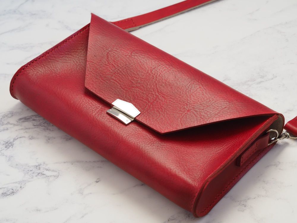 Genuine Hand Stitched Leather 'Chloe' Clutch Bag - Hand Dyed Bright Red