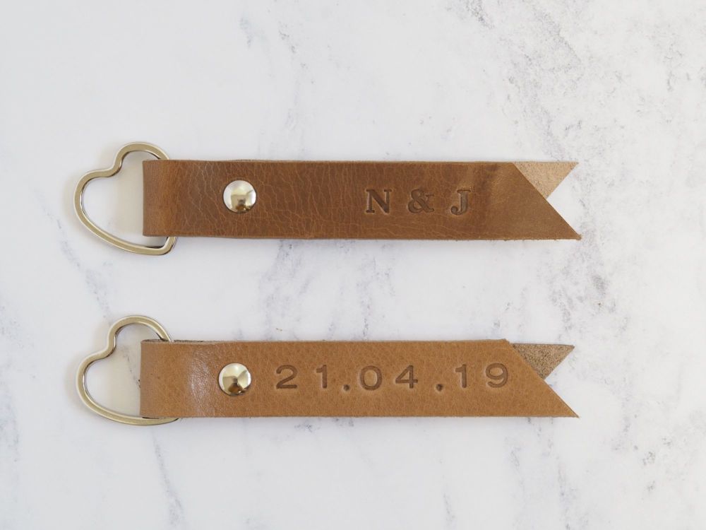 Handmade Leather Personalised Anniversary Key Ring - Tan Brown & Cream