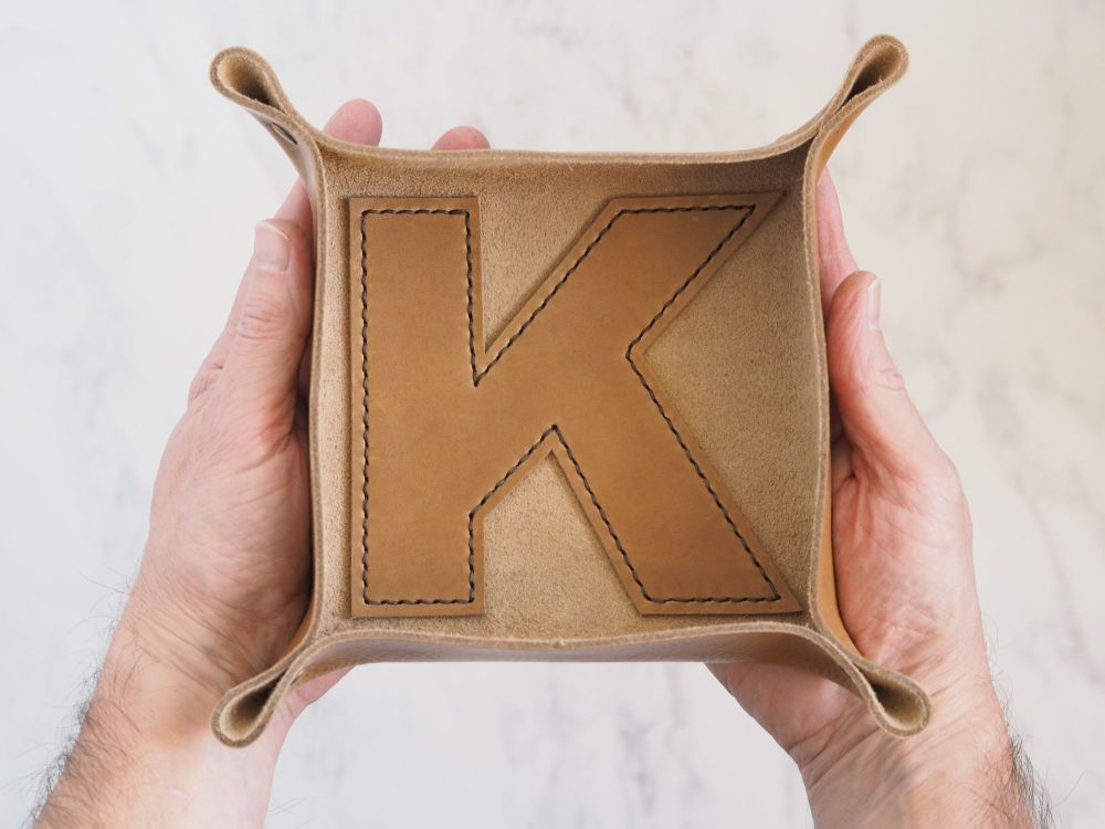 Genuine Handmade Leather Coin Tray - Large Letter Design - Multi Coloured Options - Personalised Gift