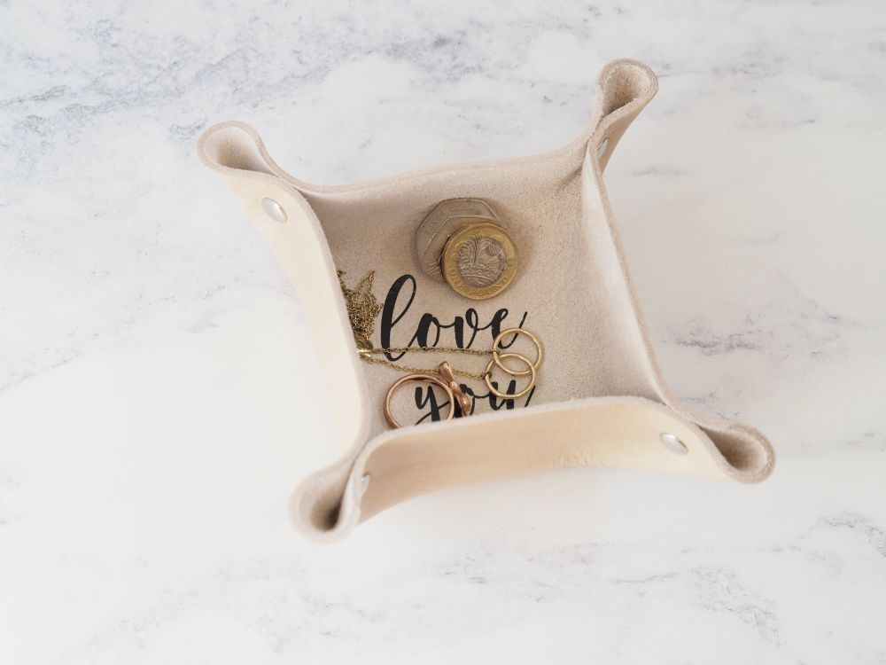 Genuine Handmade SMALL Leather Coin Tray with  calligraphy Vinyl