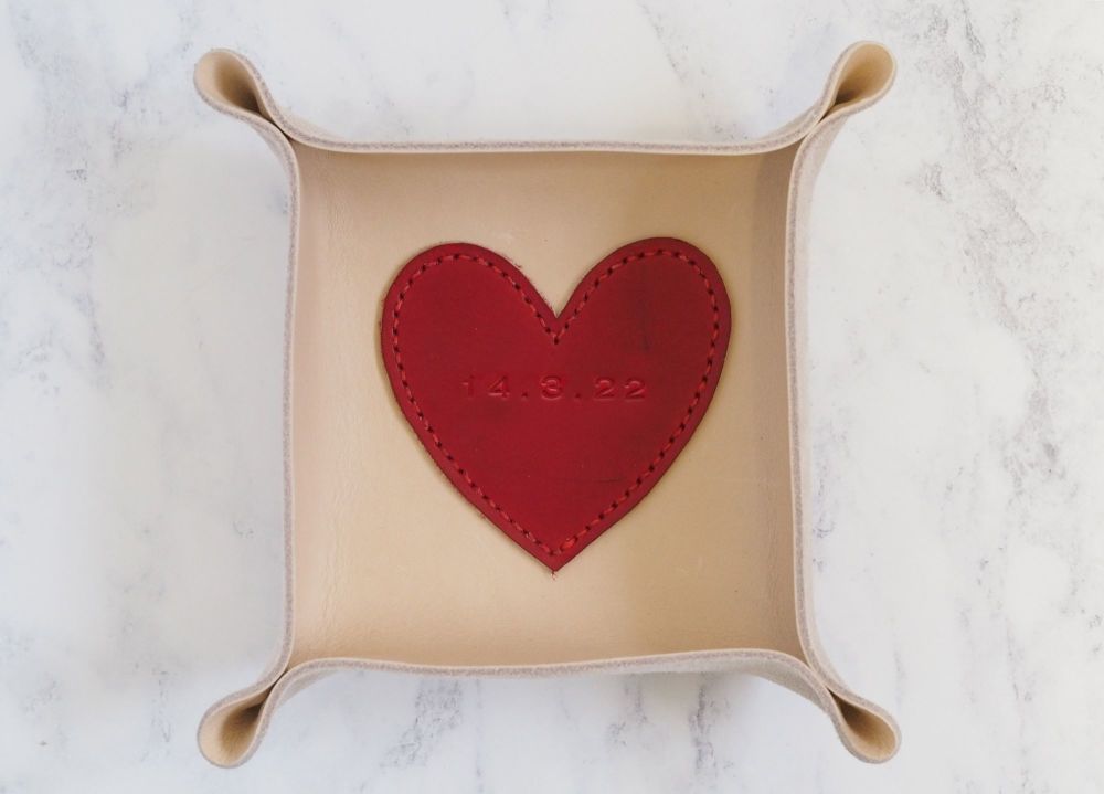 Genuine Handmade Leather Coin Tray - Love Heart Design - Personalised Gift