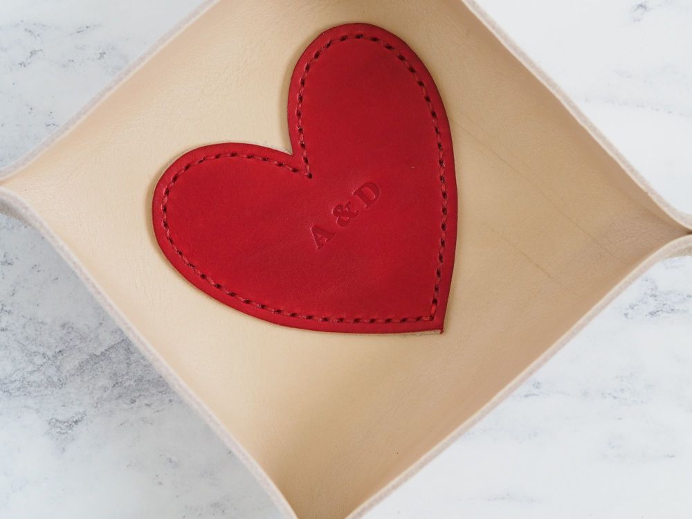 Genuine Handmade Leather Coin Tray - Love Heart Design - Personalised Gift