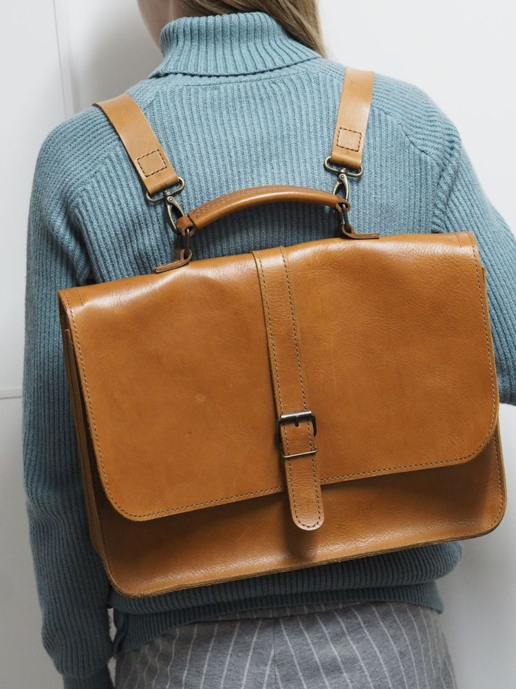 Genuine Hand Stitched Leather Laptop Bag - Thick Tan Brown