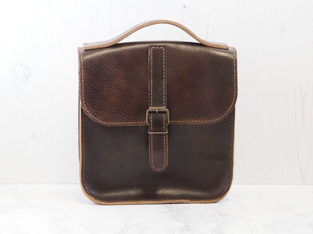 Genuine Hand Stitched Leather Messenger Bag - Hand Dyed Dark Brown