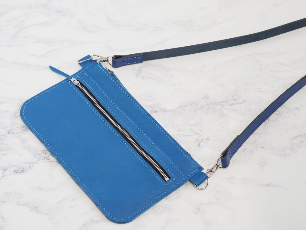 Genuine Hand Stitched Leather Convertible Zipped Shoulder & Bum Bag - Bold Blue