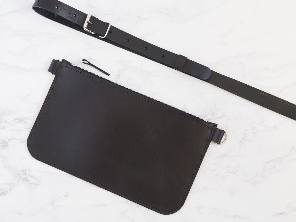 Leather Zip Shoulder Bag - Black - SUPER SECONDS