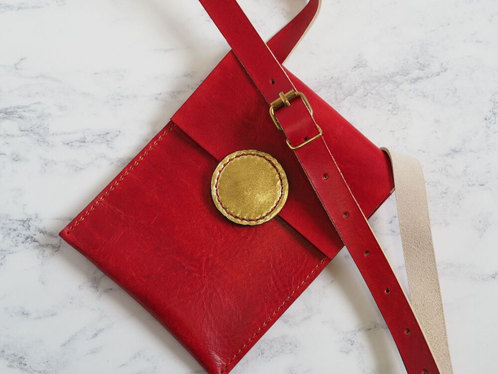 Leather Sling Bag - Red & Gold