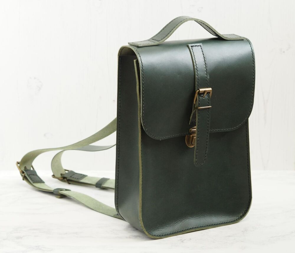 Genuine Hand Stitched Leather Backpack - Dark Green
