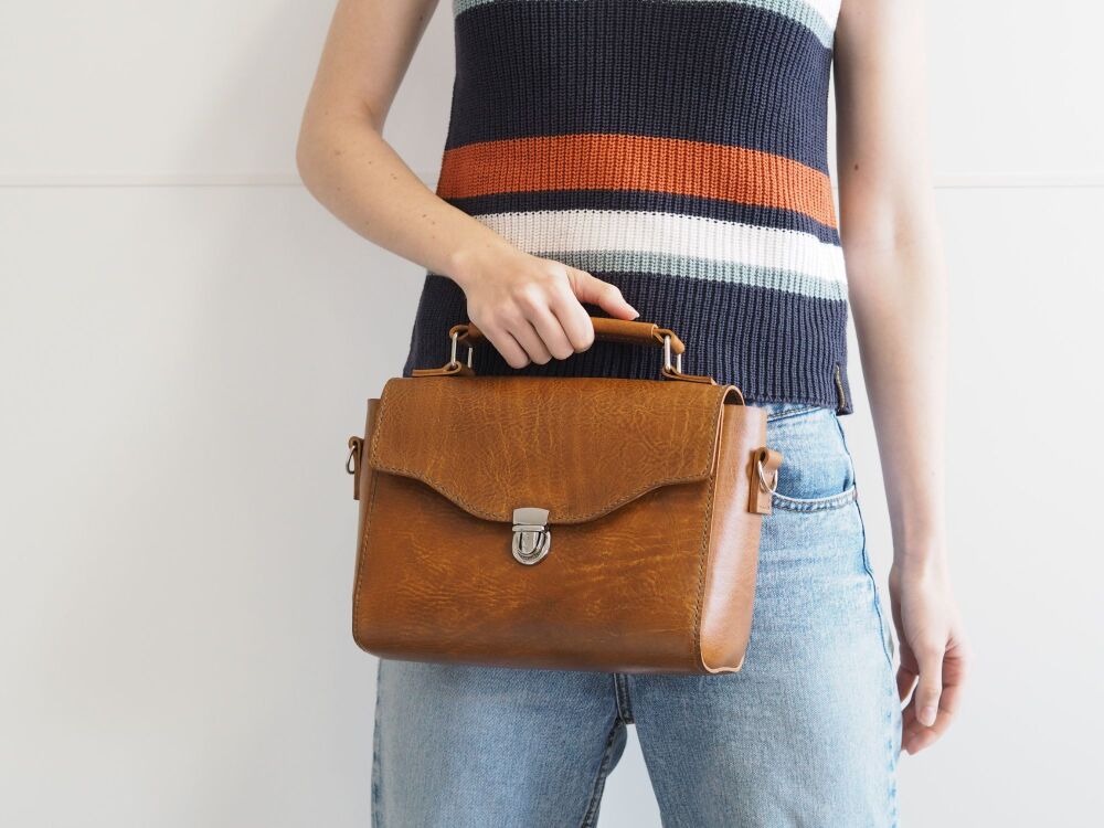 Genuine Hand Stitched Leather Fancy Bag - Hand Dyed Brown
